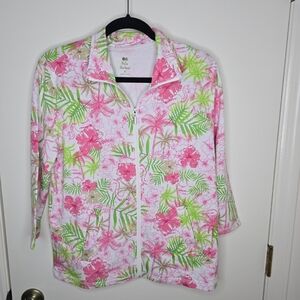 Pink and Green Floral Women's Zip Up 3/4 Sleeve Casual Jacket Small